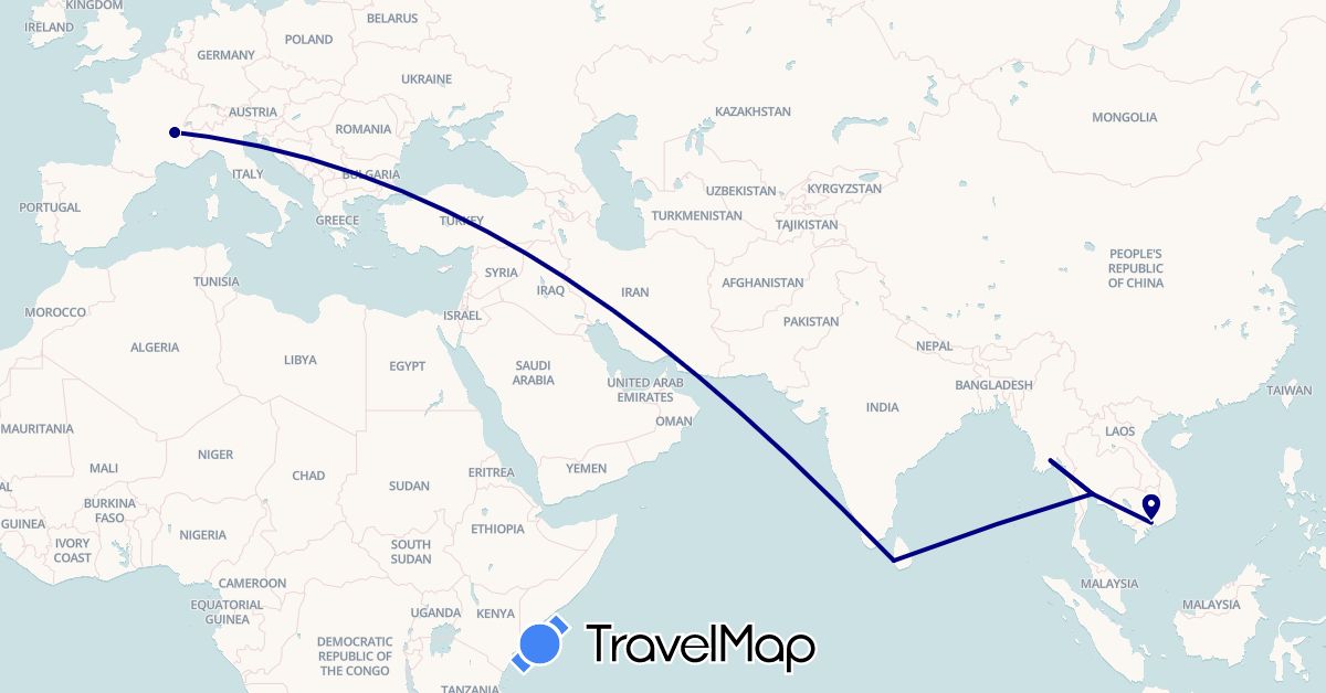 TravelMap itinerary: driving in France, Sri Lanka, Myanmar (Burma), Thailand, Vietnam (Asia, Europe)